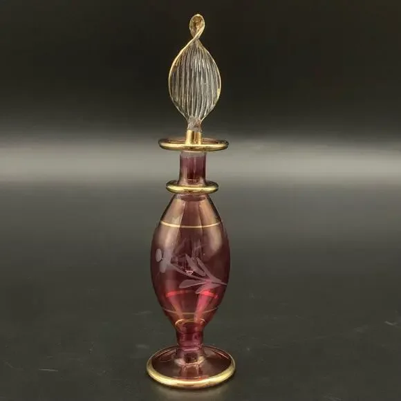 Vintage Egyptian Hand Blown Miniature Glass Empty Bottle Gold Trim Etched - Picture 1 of 14